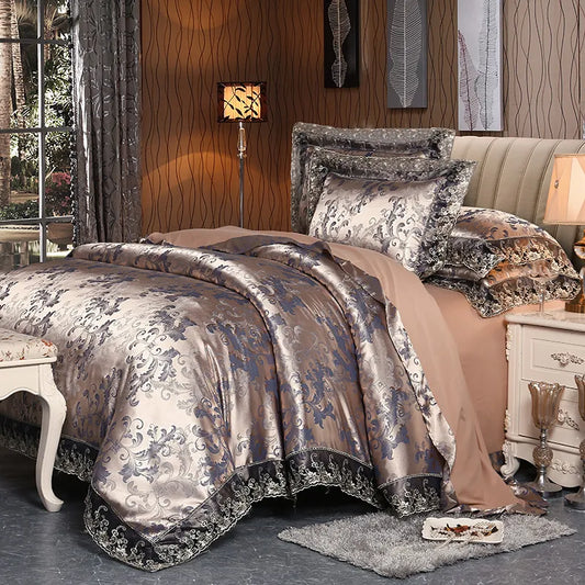 4 Pieces Silver Brown Luxury Satin Cotton Lace Bedding sets Double Queen King size bedding duvet cover bed sheet set Pillowcases