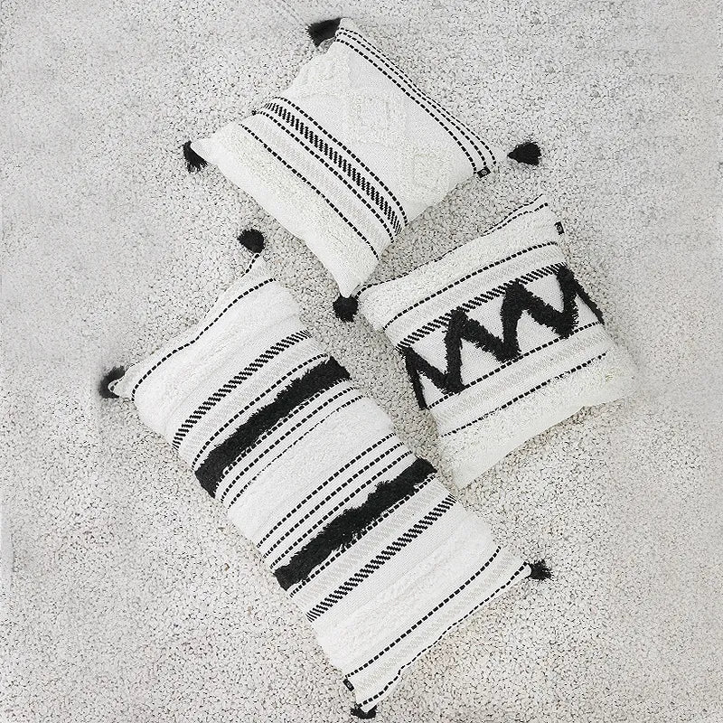 DUNXDECO Cushion Cover Decorative Tufting Pillow Case Modern Simple Morocco White Black Geometric Tassels Sofa Bedding Coussin