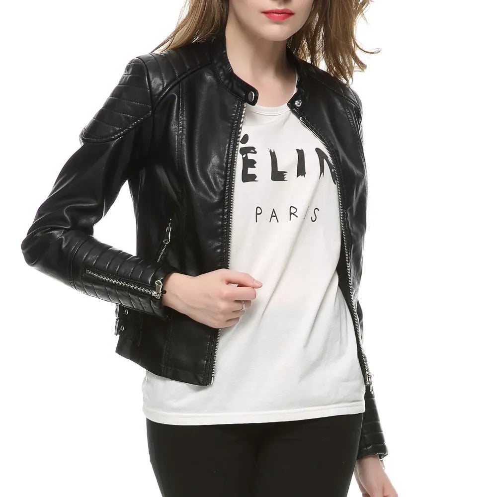 2021 Fashion Women Elegant Zipper Faux Leather Biker Jacket in Brown Black Slim Ladies Coat Casual brand Motorcycle Leather Coat