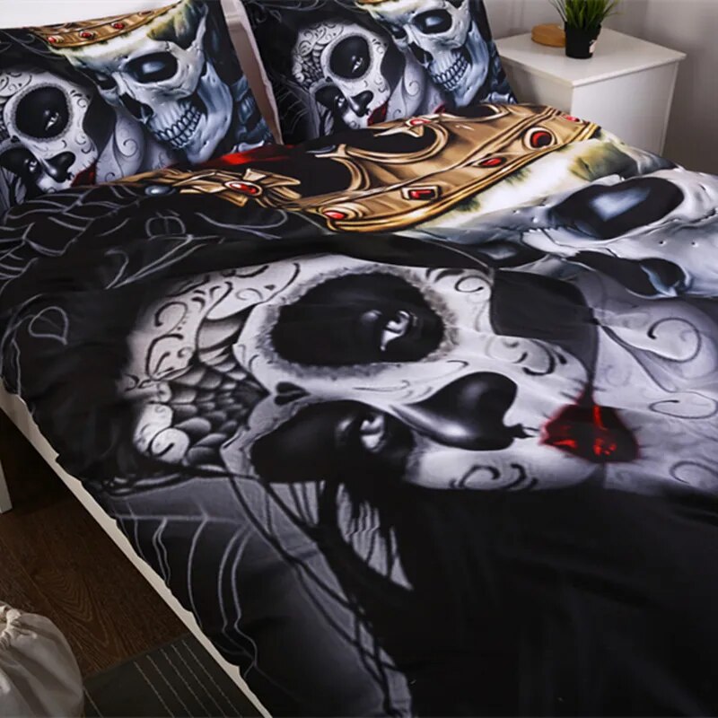 Fanaijia Sugar skull Bedding Sets king beauty kiss skull Duvet Cover Bed Set Bohemian Print Black Bedclothes queen size bedline