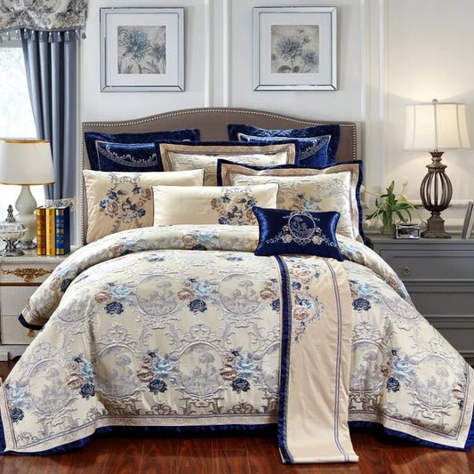 4/6/10Pcs Blue Jacquard Luxury Bedding Set King/Queen Size US king 104X90in Cotton Flat sheet Bed Spread Duvet Cover Pillowcases