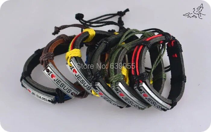 6pcs/lot MIX Color I Love JESUS Bracelets Leather Alloy ID Bracelet Fashion Catholic Christian Religious Jewelry