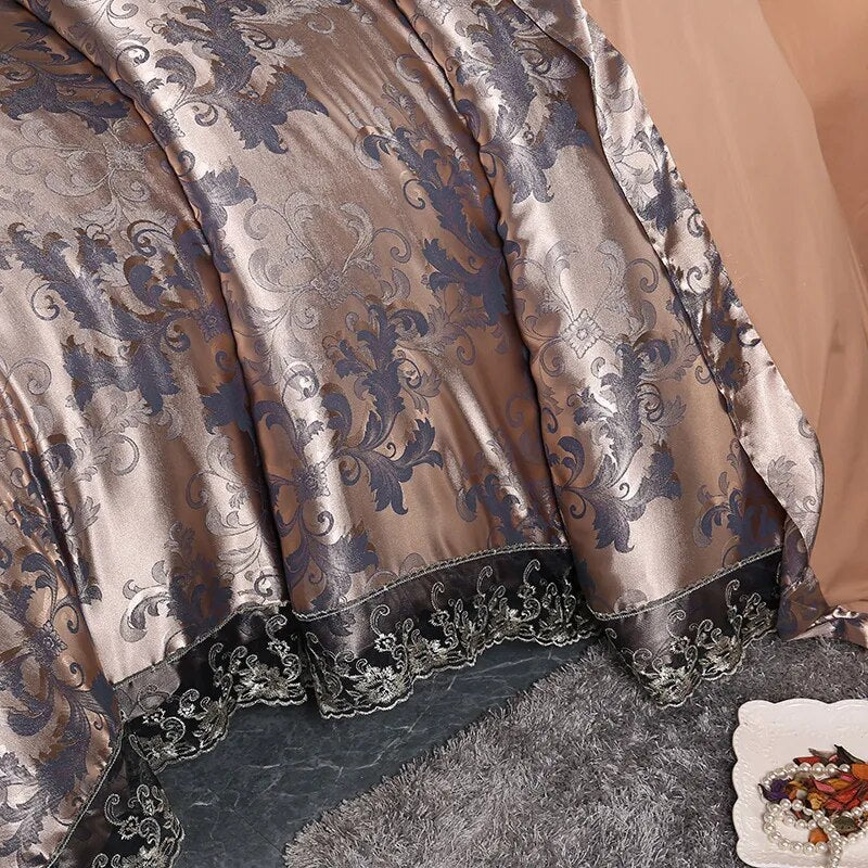 4 Pieces Silver Brown Luxury Satin Cotton Lace Bedding sets Double Queen King size bedding duvet cover bed sheet set Pillowcases