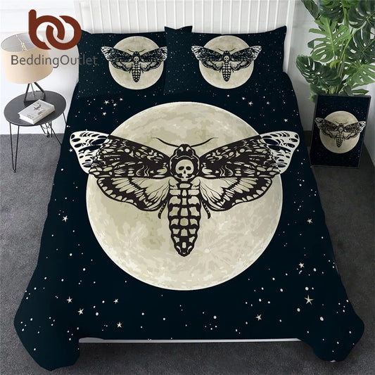 BeddingOutlet Death Moth Bedding Set Gothic Skull Duvet Cover Set Butterfly Bedclothes 3-Piece Moon Stars Double Home Textiles