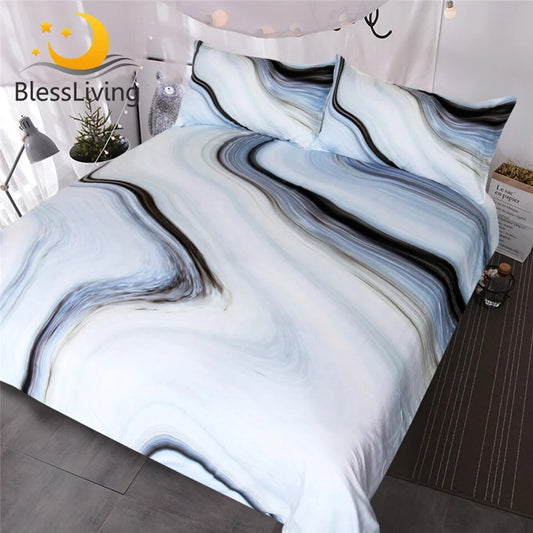 BlessLiving Marble Bedding Set Black White Gray Duvet Cover Set Rock 3-Piece Bed Cover Nature Inspired Abstract Bedspreads Queen