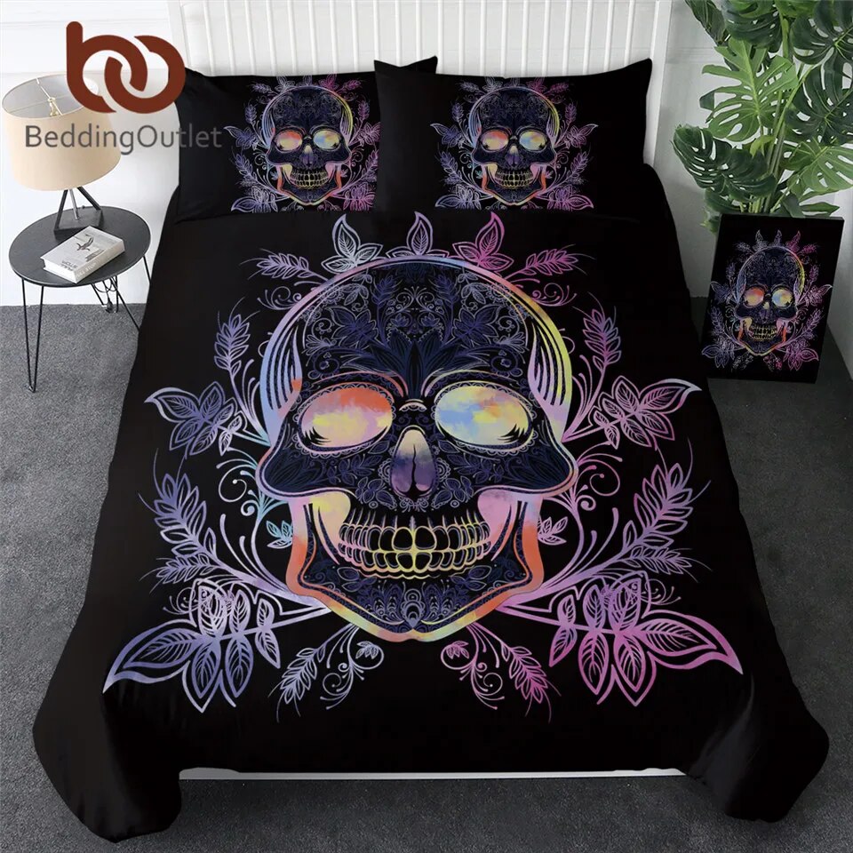 BeddingOutlet Gothic Skull Bedding Set Leaves Paisley Duvet Cover Set Pink Purple Bedclothes Floral Stylish Home Textiles 3pcs