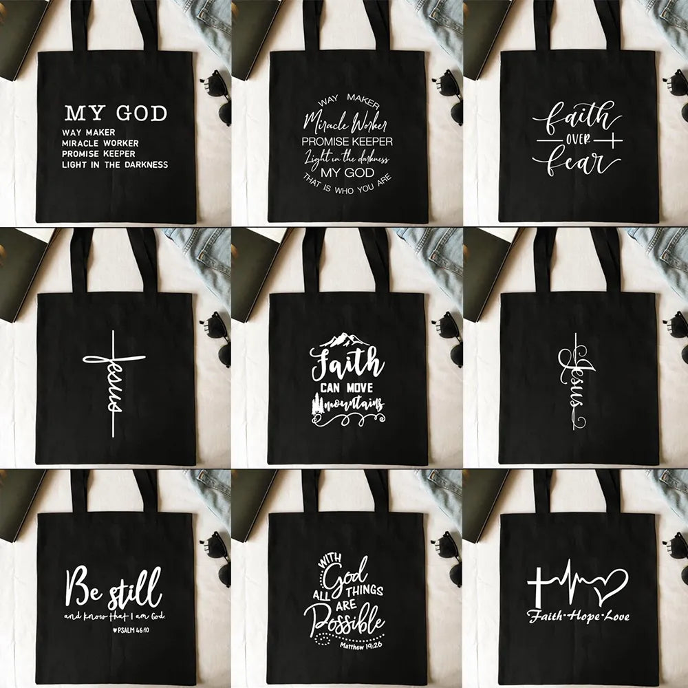 Faith Can Move Mountain Canvas Tote Shopping Bag Foldable Reusable My God Jesus Faith Over Fear Women Shopper Student Book Bags