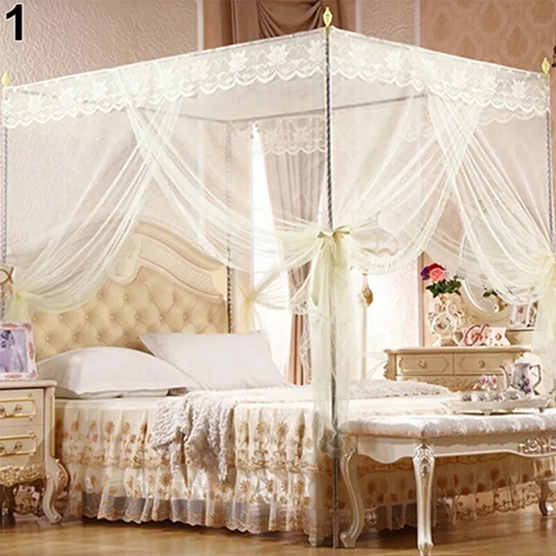 European Style 4 Corner Post Romantic Princess Lace Canopy Mosquito Net No Frame for Twin Full Queen King Bed Netting Bedding