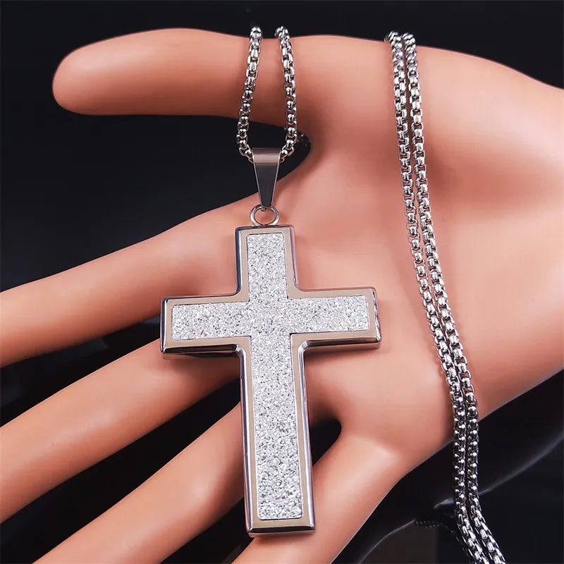 2023 Christian Cross Stainless Steel Big Necklace Sliver Color Religious Statement Necklace Jewelry acero inoxidable NXH364S05