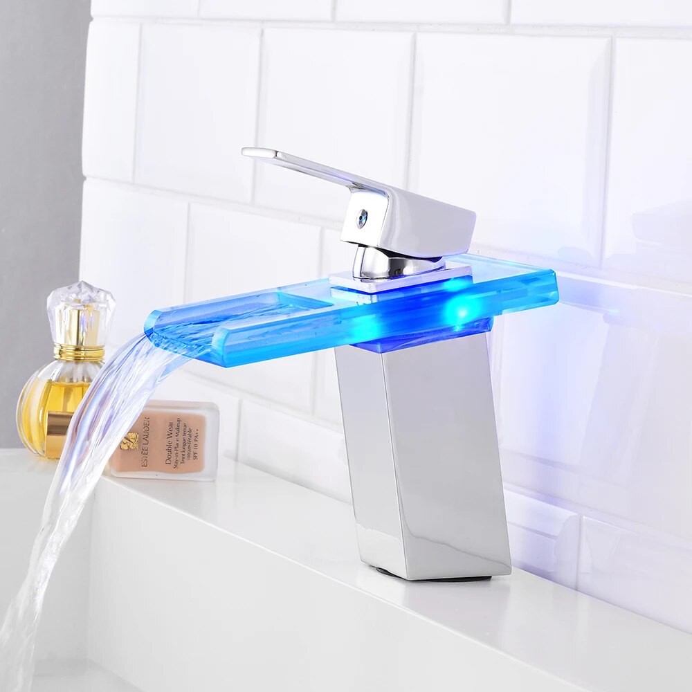 Bathroom Waterfall Led Basin Faucet Glass Waterfall Brass Made Basin Faucet Bathroom Mixer Tap Deck Mounted basin sink Mixer Tap