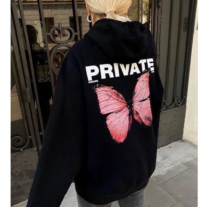 Kpop  Autumn Women Hoodie Explosion Private Butterfly Sweatshirt Hoodies Printed Long Sleeve Black Women Sweatshirt kKds Top