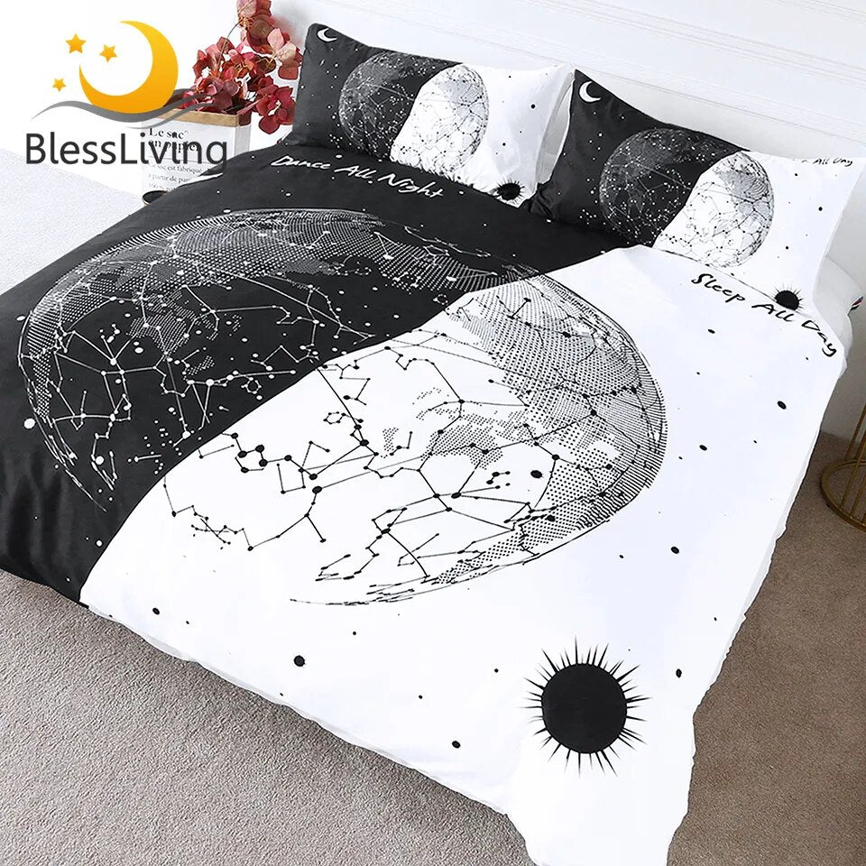 BlessLiving Earth Bulb Bedding Black White Stylish Duvet Cover Day and Night Bedspread Constellation Sun and Moon Bed Set 3pcs