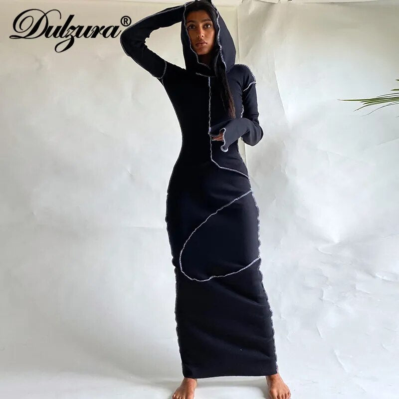 Dulzura Patchwork Slit Long Sleeve Women Hoodie Midi Dress Bodycon Sexy Streetwear 2020 Autumn Winter Slim Club Casual Party