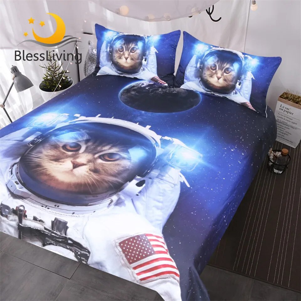 BlessLiving Funny Space Cat Bed Set 3 Piece Astronaut Pet Bedspread Teens Kids Blue Galaxy Bedding Star Universe Duvet Cover Set