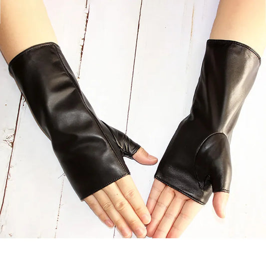 Long Sheepskin Half Finger Gloves Women's Leather Car Driving Men's Outdoor Motorcycle Riding Fingerless Sun Protection