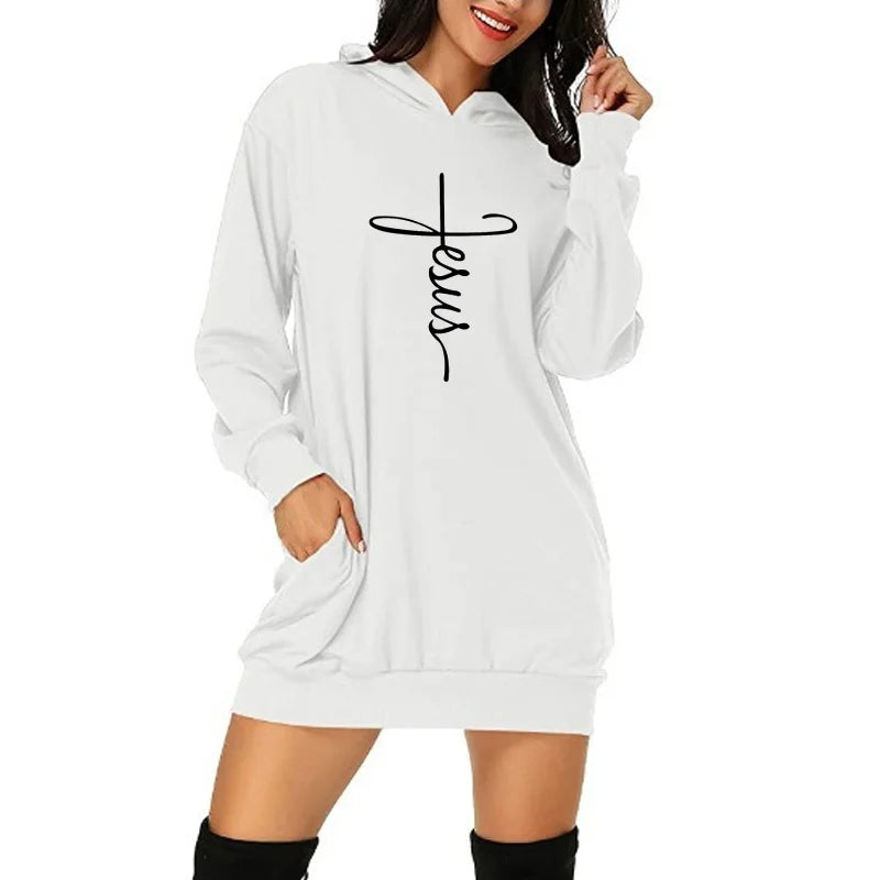 Jesus Cross Christian Print Women Dress Cotton Casual Funny Hoodi Autumn For Lady Harajuku Girl Top Sweatshirt Hipster 8 Color