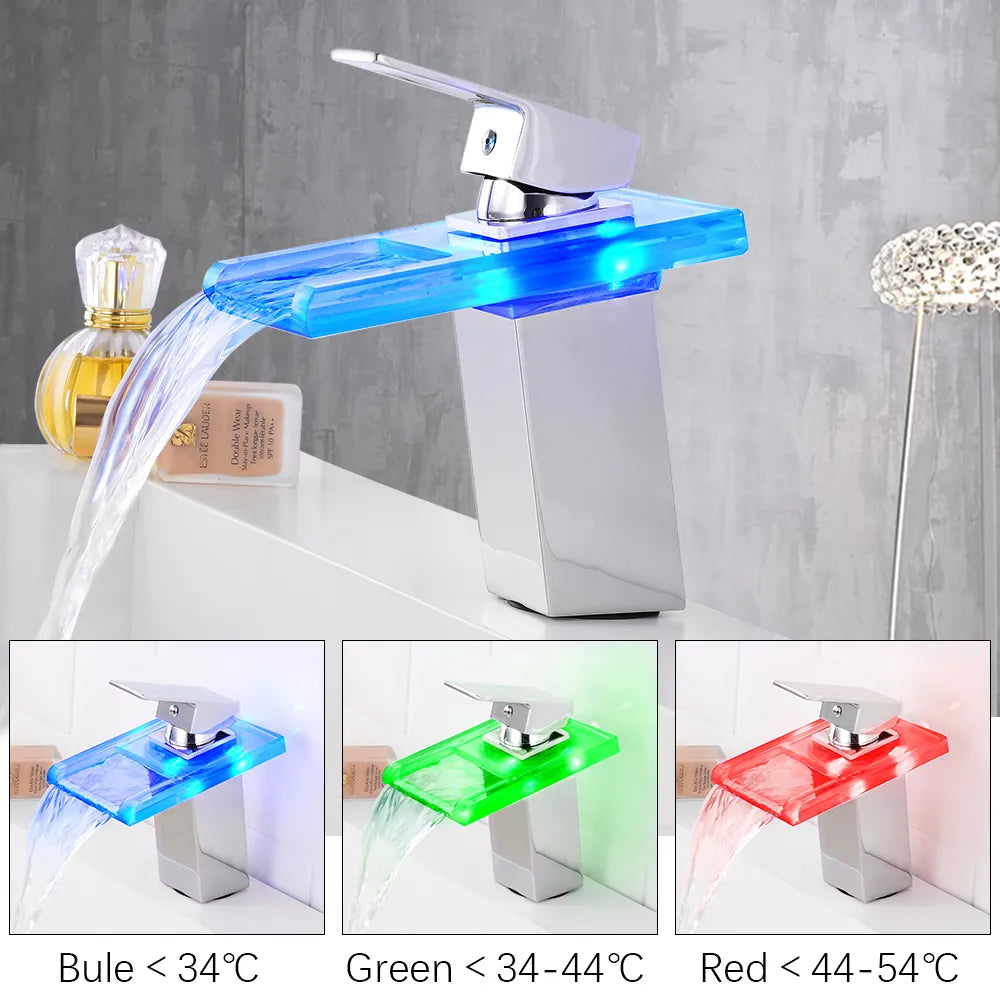 Bathroom Waterfall Led Basin Faucet Glass Waterfall Brass Made Basin Faucet Bathroom Mixer Tap Deck Mounted basin sink Mixer Tap