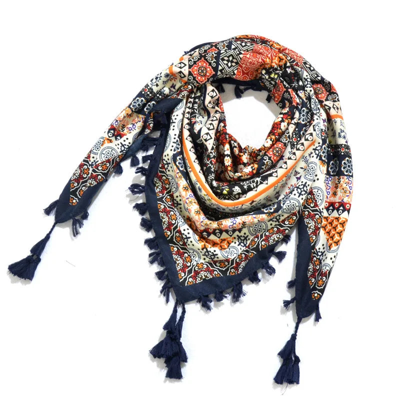 Big Square Handkerchief Boho Cotton Tassel Large Beach Russian Women's Scarf Winter Bohemian Floral Neck Wrap 115cm Foulard