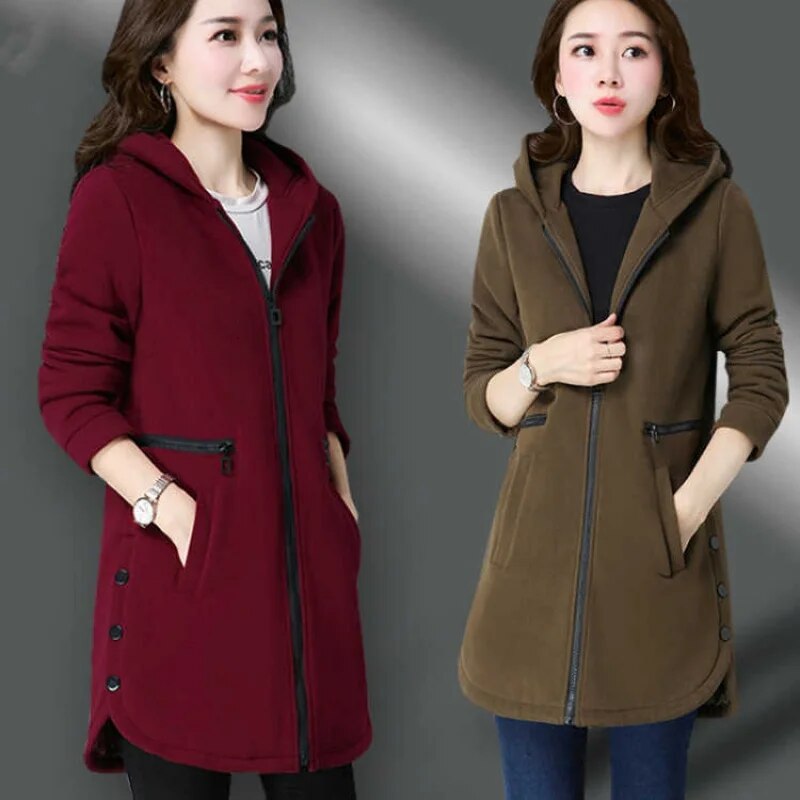 Fashion Women Hoodie New 2022 Autumn Winter Solid Color Casual Jacket Mid-Long Hooded Zipper Add Velvet Outwear Sportsuit K887