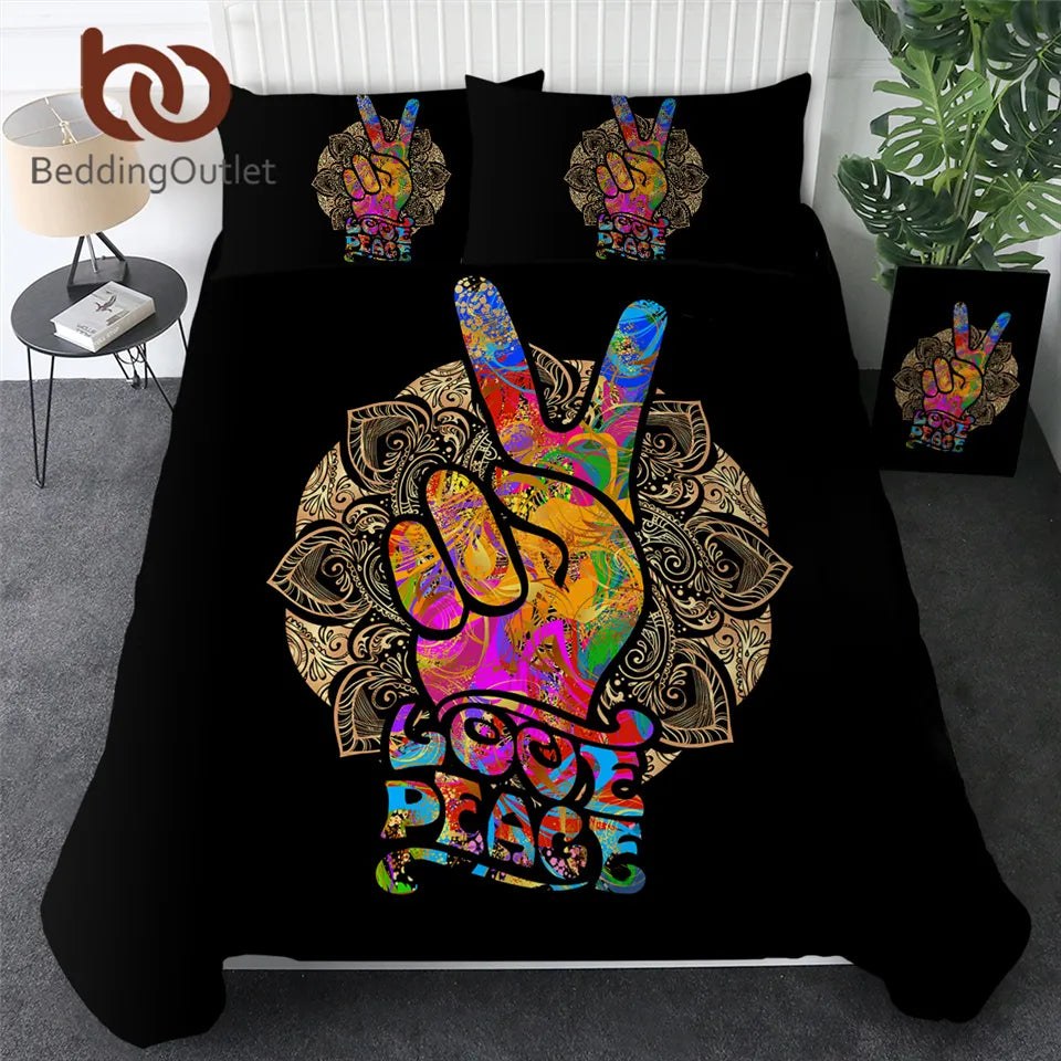 BeddingOutlet Peace Victory Sign Bedding Set Hippie Bedspread Watercolor Mandala Duvet Cover Colorful Retro Bed Set Queen 3pcs