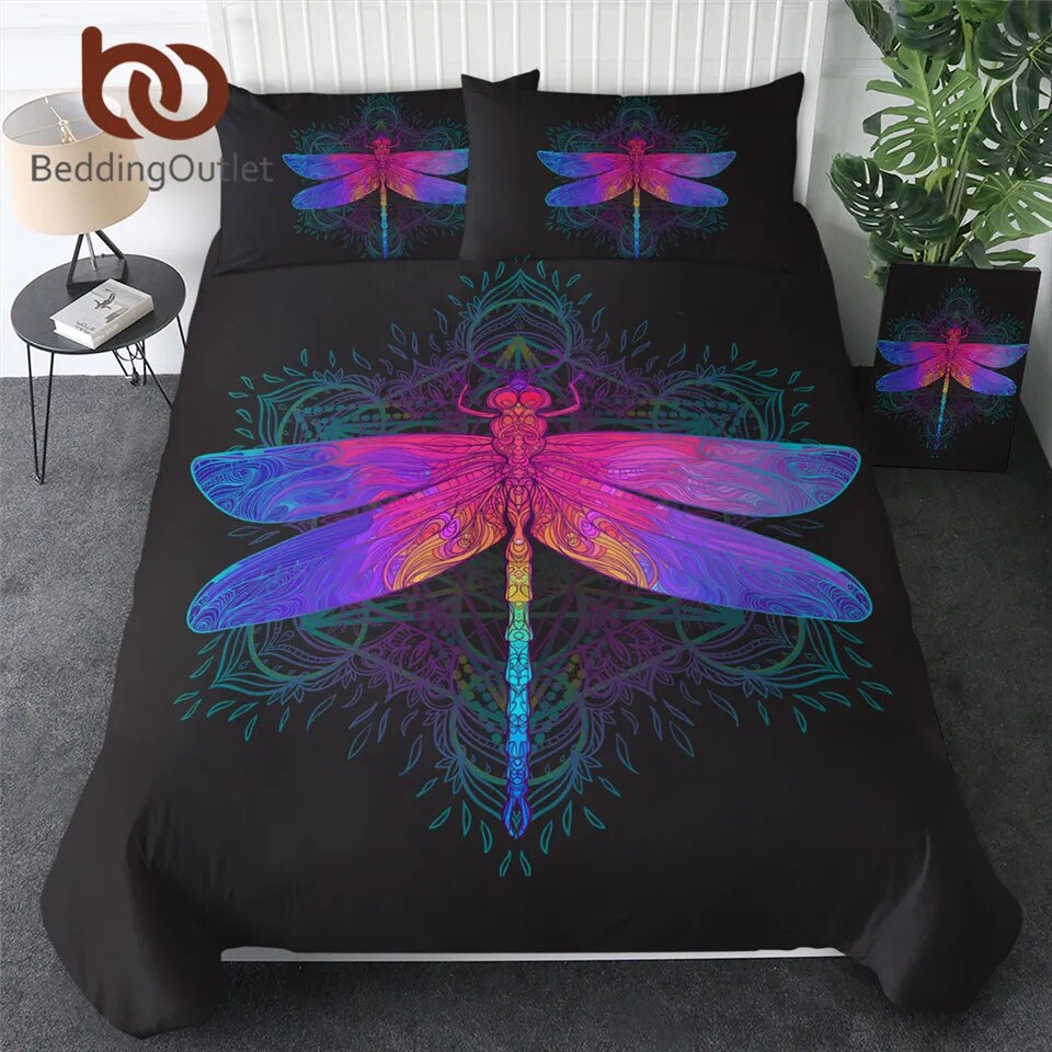 BeddingOutlet Dragonfly Mandala Bedding Set Insect Print Duvet Cover Set Purple Pink Bedclothes Colorful Home Textiles Drop Ship