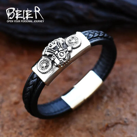 BEIER New  Wholesale Dropshipping Man's High Quality Genes Leather Skull Biker Motorcycle Bracelet Bangle Party Jewelry BC-L002