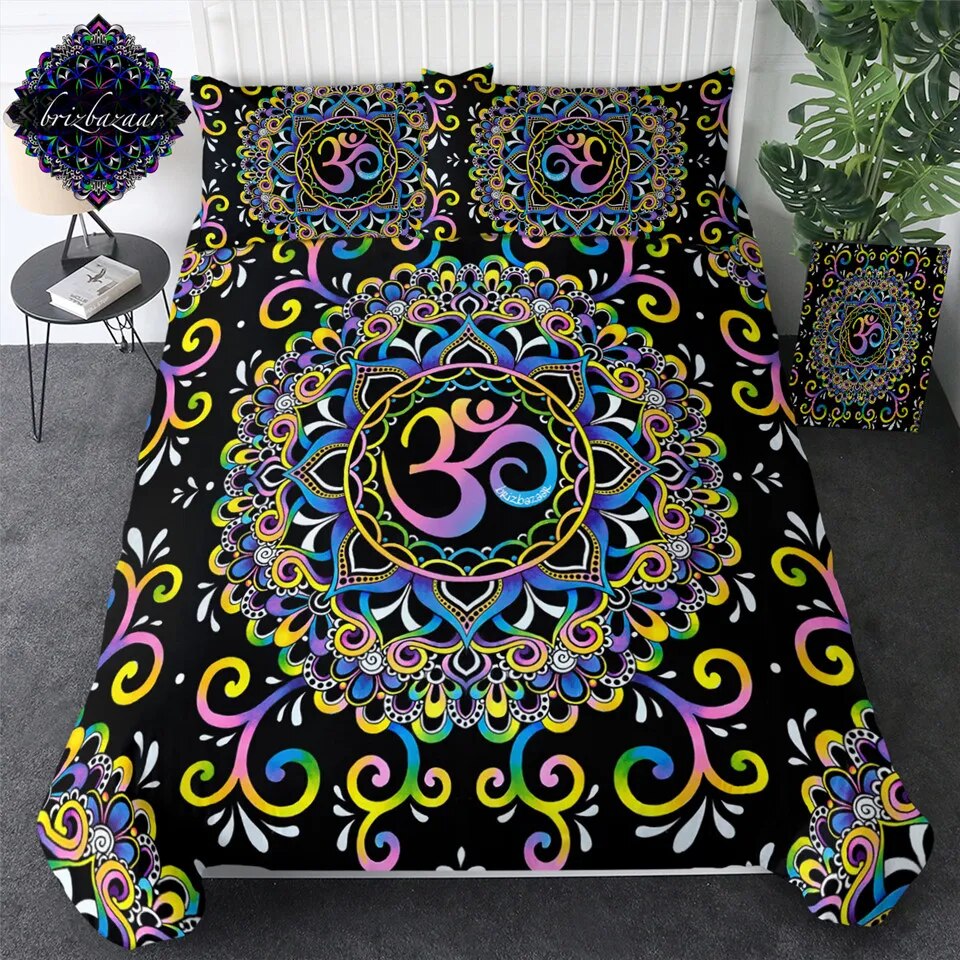 DoodleOhm by Brizbazaar Bedding Set Mandala Flower Duvet Cover Colorful Bed Set 3-Piece Pink Purple Blue Yellow Bedclothes