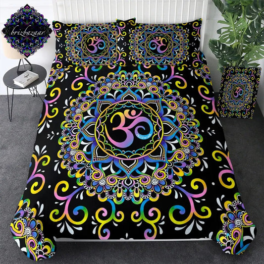 DoodleOhm by Brizbazaar Bedding Set Mandala Flower Duvet Cover Colorful Bed Set 3-Piece Pink Purple Blue Yellow Bedclothes