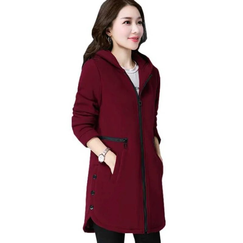 Fashion Women Hoodie New 2022 Autumn Winter Solid Color Casual Jacket Mid-Long Hooded Zipper Add Velvet Outwear Sportsuit K887