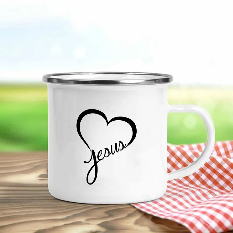 Jesus Is God Print Enamel Mugs Christian Creative Coffee Cups Drink Dessert Breakfast Milk Cup Vintage Mug Handle Drinkware Gift