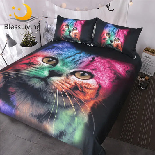 BlessLiving Cat Bedding Set for Girls Boys Cute Colorful Cat Pattern Bedspread 3 Piece Bold Color Black Animal Duvet Cover Set