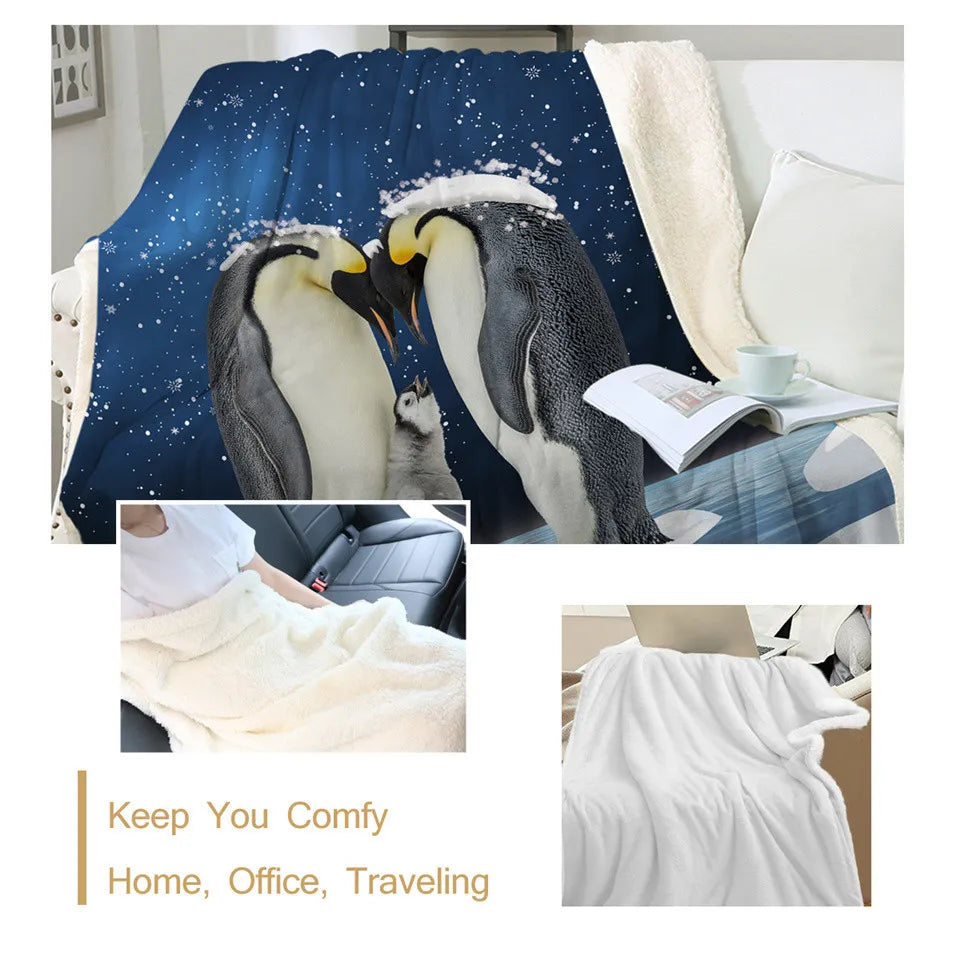 BeddingOutlet Penguin Family Blanket For Beds Animal Protection Bedding 3D Snowing Sherpa Fleece Blanket Blue Plush Bedspread