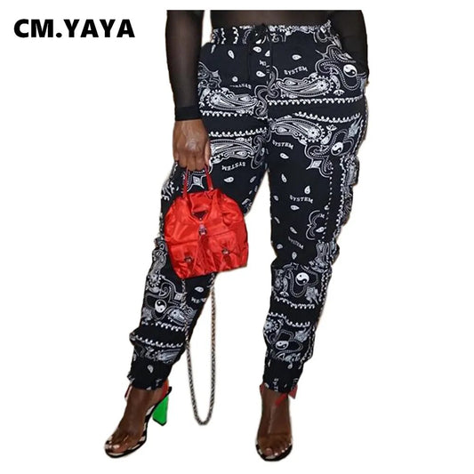 CM.YAYA Sportwear Women Bandanna Paisley Print Jogger Pants Activewear Fashion Trousers Draped Jogger Pants Sweatpants