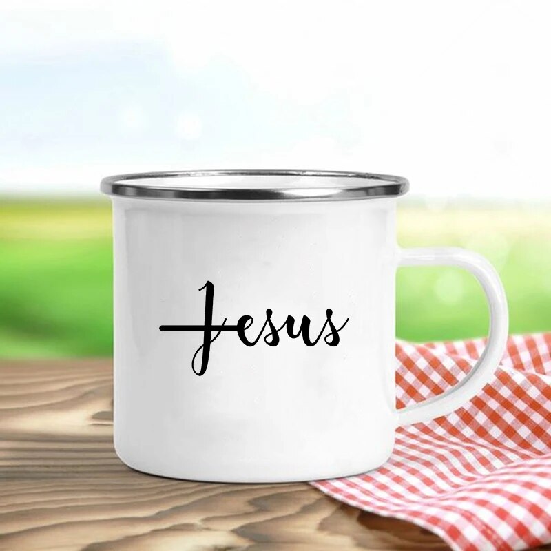 Jesus Is God Print Enamel Mugs Christian Creative Coffee Cups Drink Dessert Breakfast Milk Cup Vintage Mug Handle Drinkware Gift