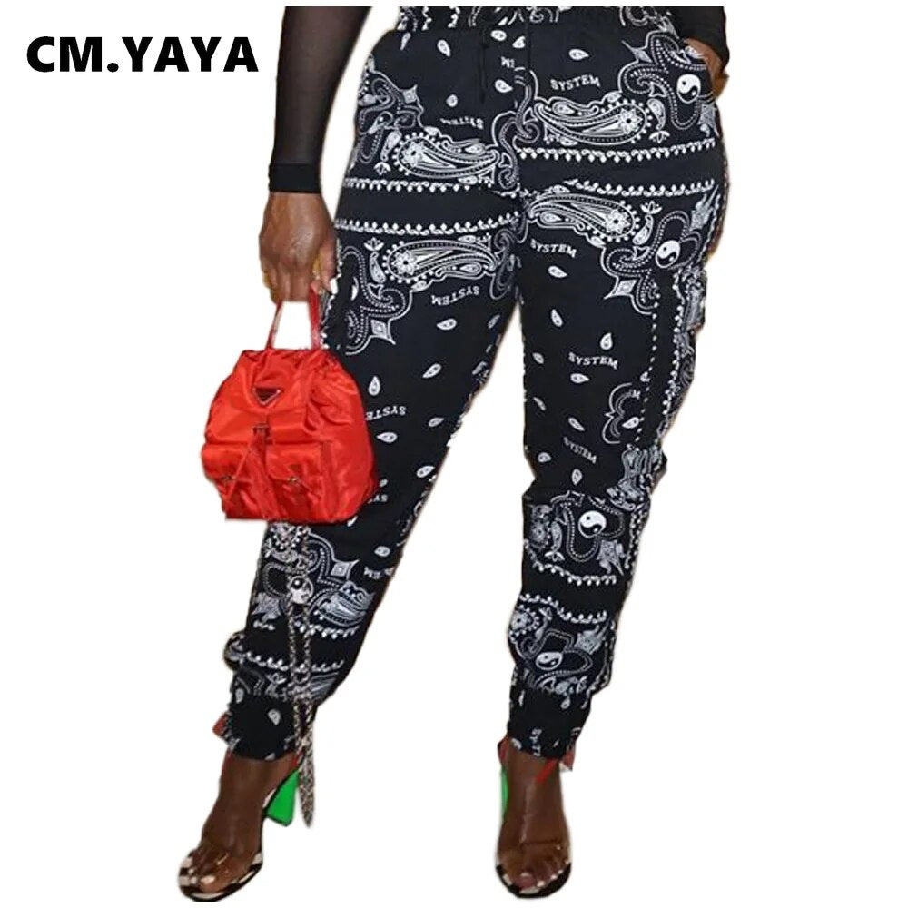 CM.YAYA Sportwear Women Bandanna Paisley Print Jogger Pants Activewear Fashion Trousers Draped Jogger Pants Sweatpants