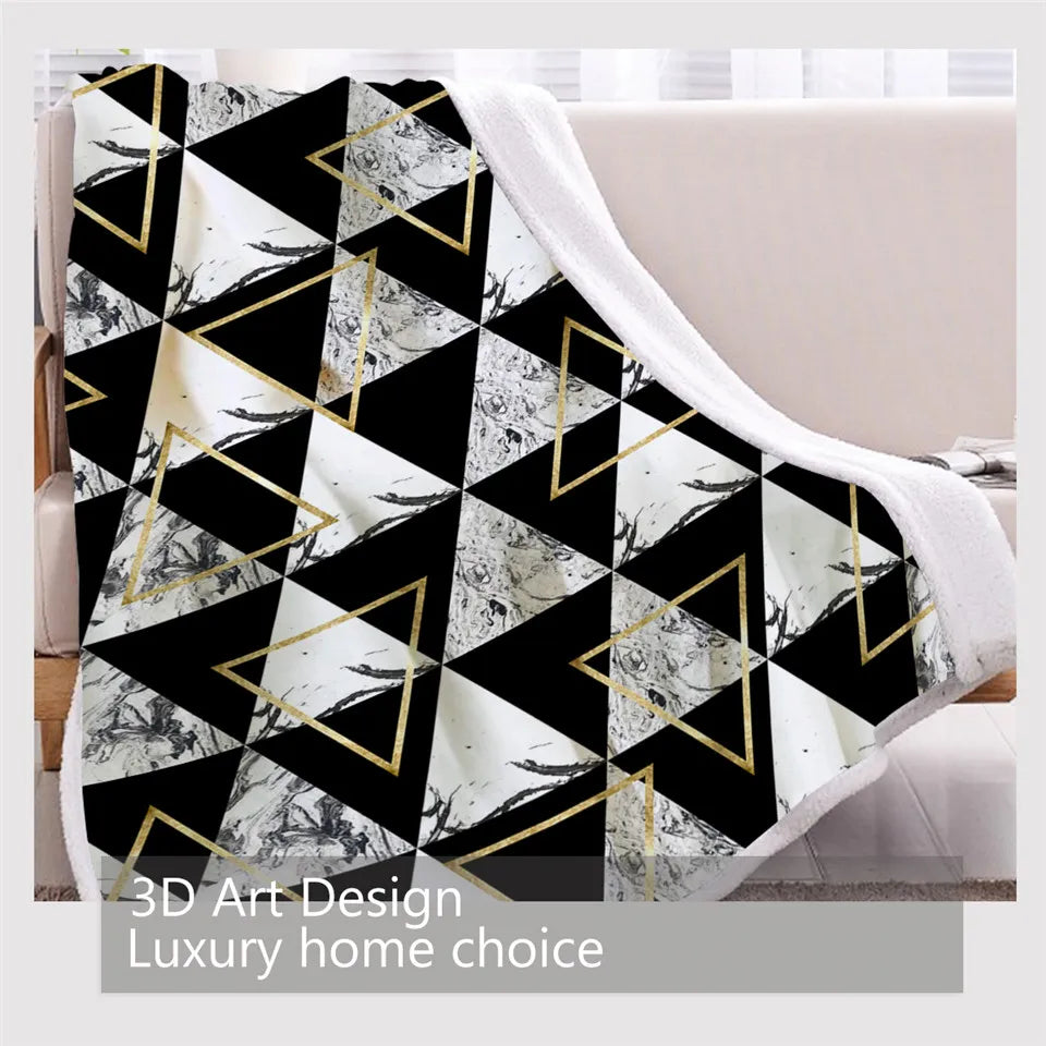 BlessLiving Marble Blanket Modern Geometric Sherpa Fleece Blankets Golden Gray Bed Couch Stylish Reversible Blanket Soft Bedding