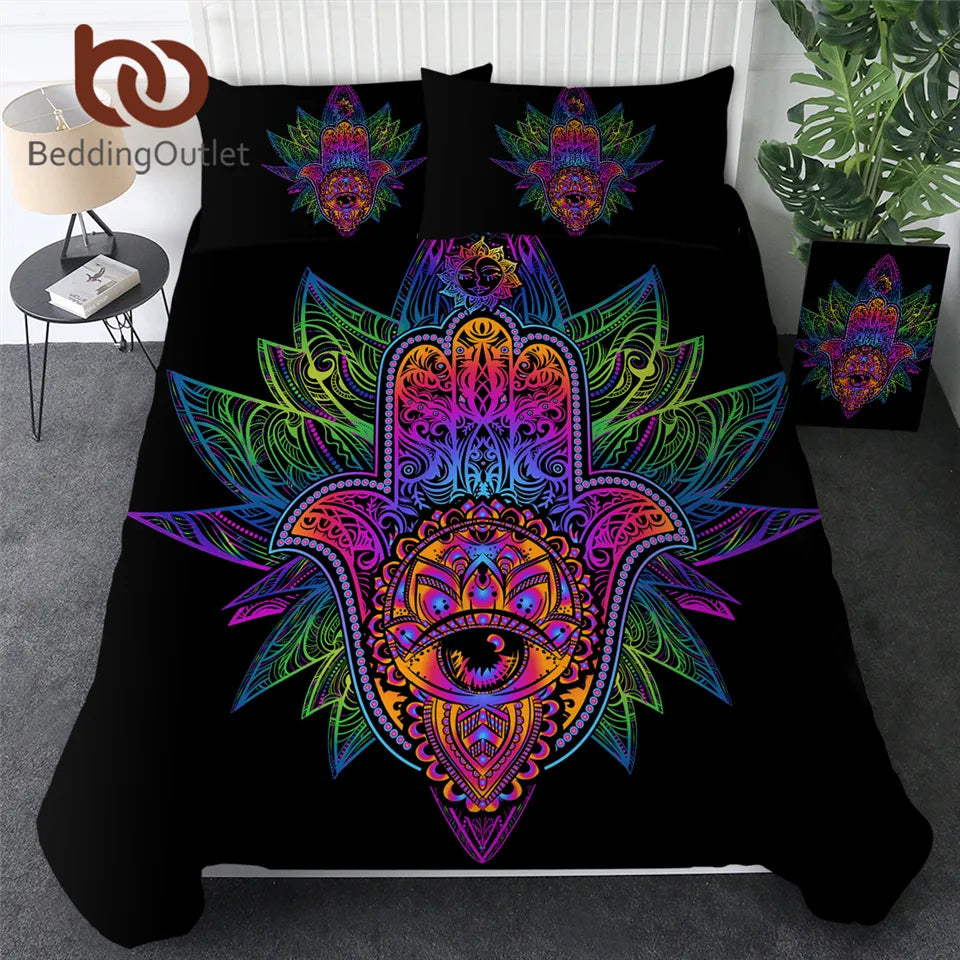 BeddingOutlet Hamsa Hand Bedding Set Boho Psychedelic Duvet Cover Set 3 Pieces Hand of Fatima Quilt Cover Hippie Amulet Bedlinen