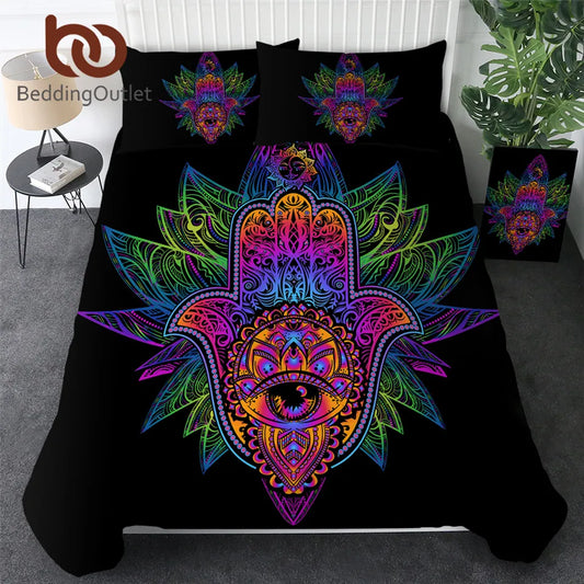 BeddingOutlet Hamsa Hand Bedding Set Boho Psychedelic Duvet Cover Set 3 Pieces Hand of Fatima Quilt Cover Hippie Amulet Bedlinen