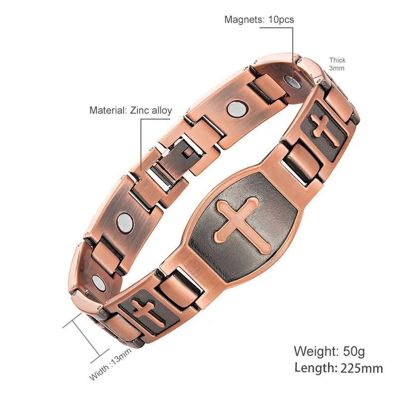 Escalus Cross Pattern Magnetic Bracelet For Men Christian Fashion Antique Copper Charm Jesus Christ Wristband