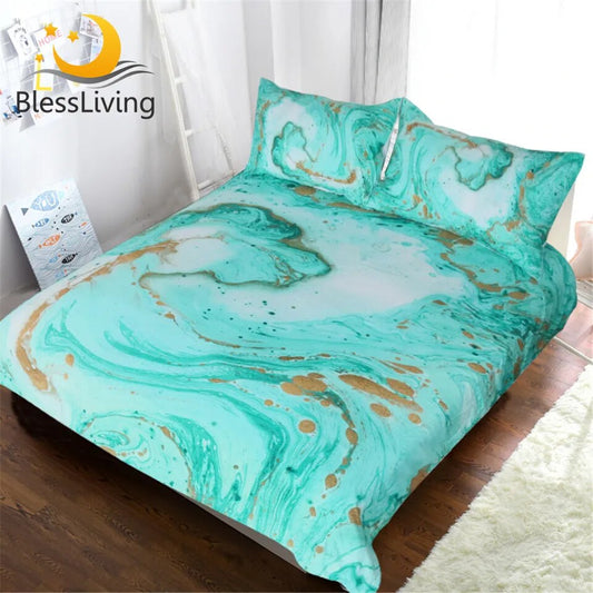 Blessliving Chic Girly Marble Duvet Cover Mint Gold Glitter Turquoise Bedding Comforter Set Abstract Aqua Teel Blue Quilt Cover