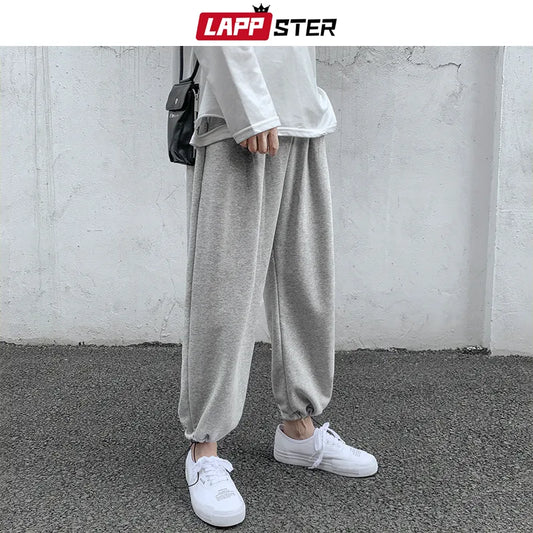 LAPPSTER Men Solid Cotton Harem Pants 2023 Mens Korean Fashions Harajuku Joggers Pants Couple Loose Black Casual Sweat Pants