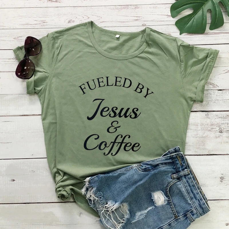 Fueled By Jesus & Coffee T-shirt Ladies Religious Christian Graphic Tee Top Fashion Women Motivational Bible Verse Church Tshirt