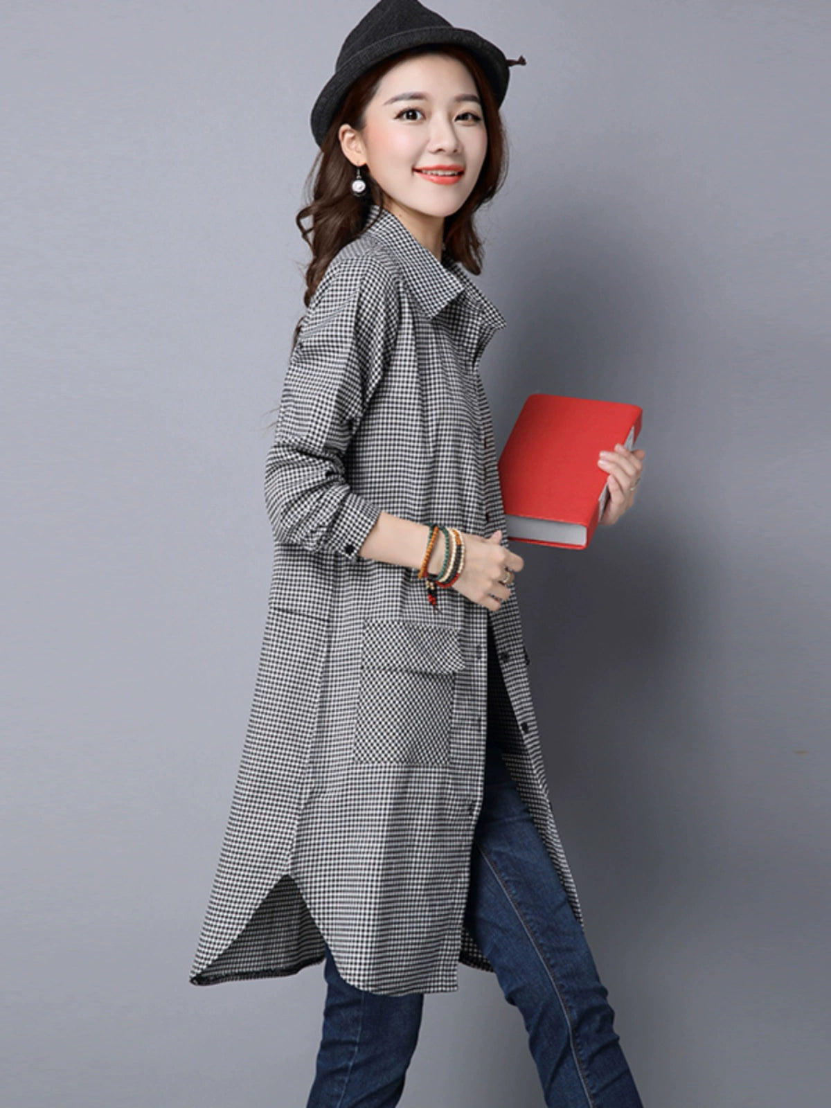 Coat plus Size Cotton Linen Plaid Loose Long Sleeves Shirt