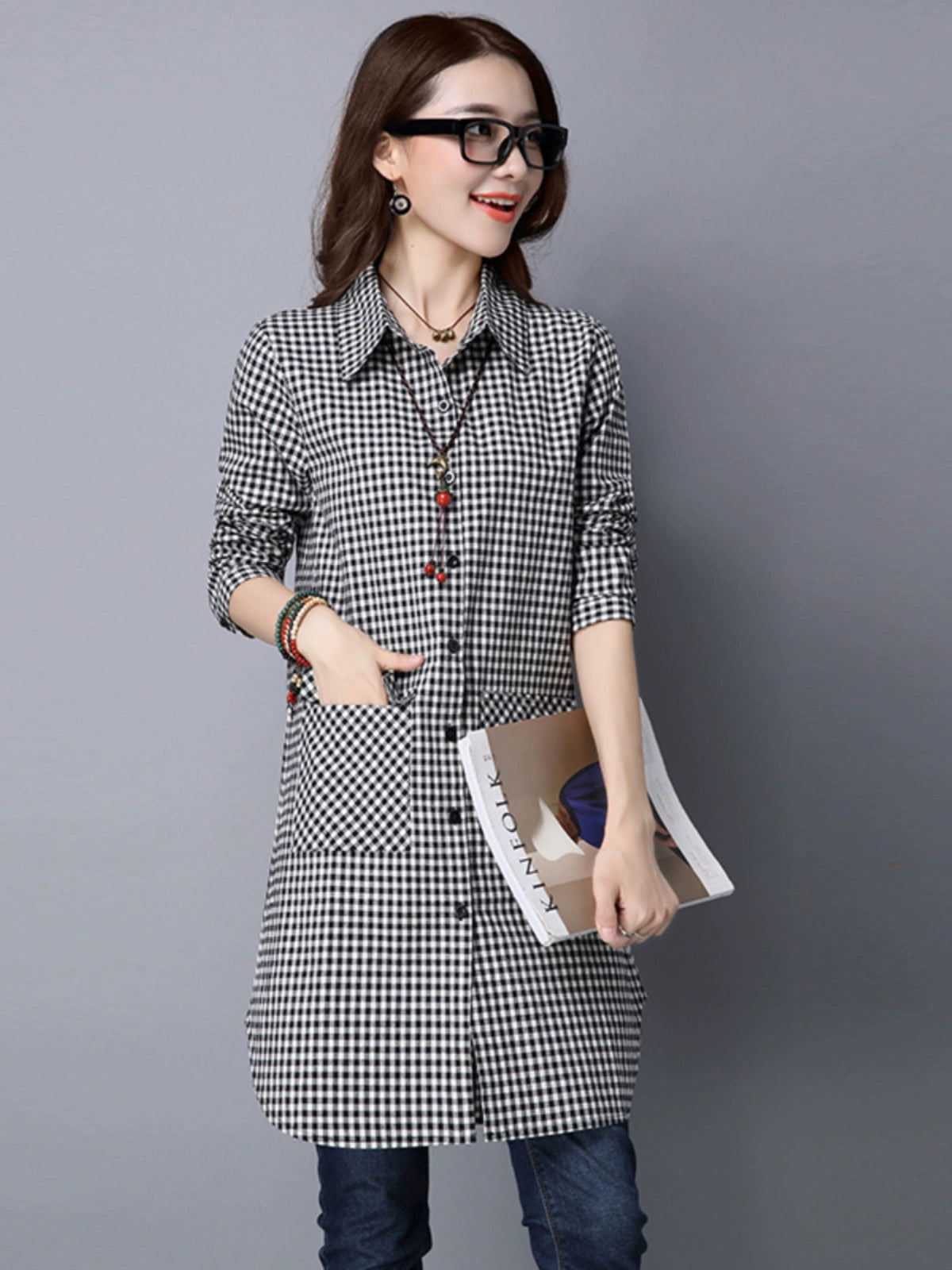 Coat plus Size Cotton Linen Plaid Loose Long Sleeves Shirt