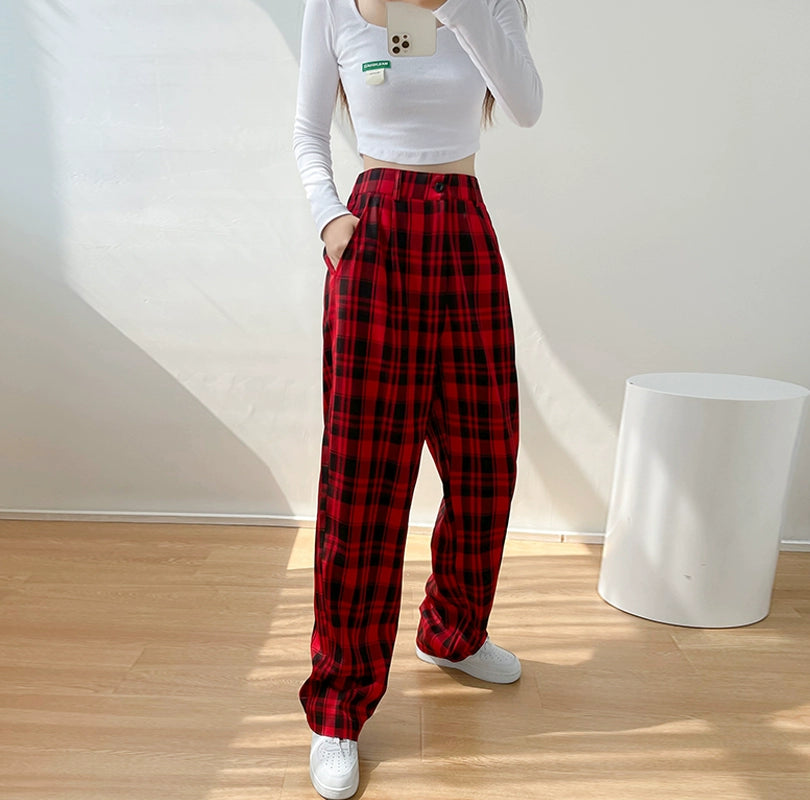 Hip Hop Jackson Wang Same Style Red Plaid Couple Wide Leg Pants