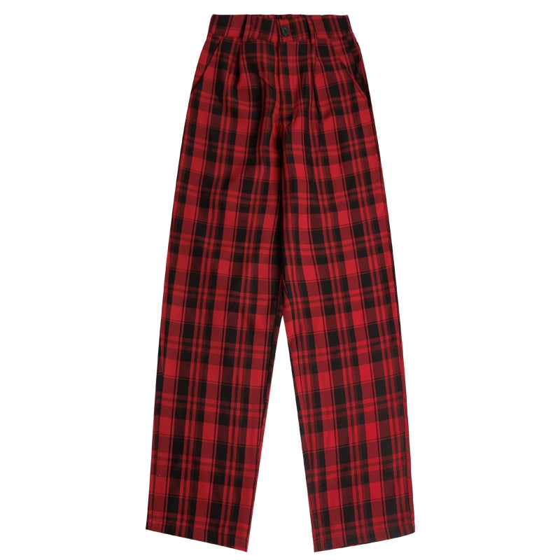 Hip Hop Jackson Wang Same Style Red Plaid Couple Wide Leg Pants