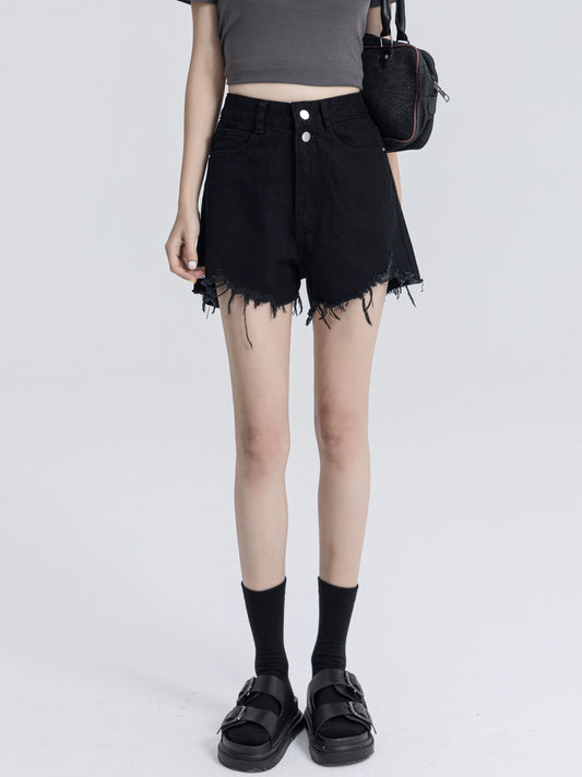 Black Denim Shorts Female Summer High Waist 2023 New Double Buckle Burr A- line Loose Slim Looking Sexy Hot Pants