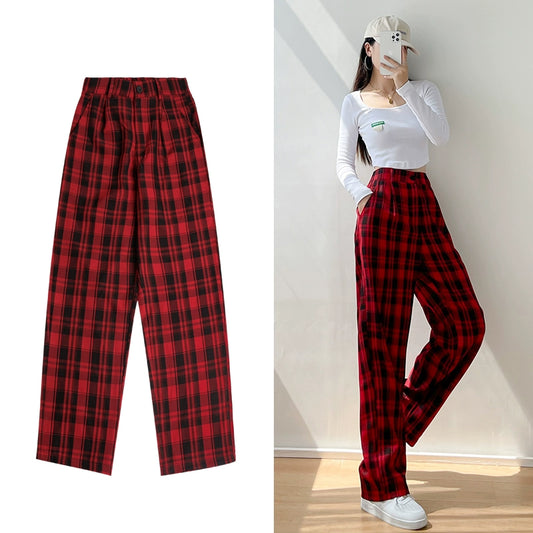 Hip Hop Jackson Wang Same Style Red Plaid Couple Wide Leg Pants