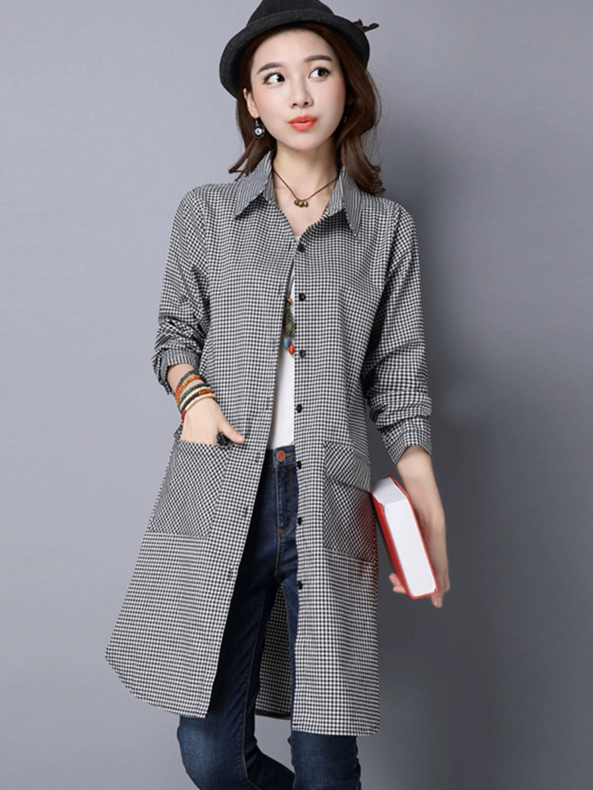 Coat plus Size Cotton Linen Plaid Loose Long Sleeves Shirt