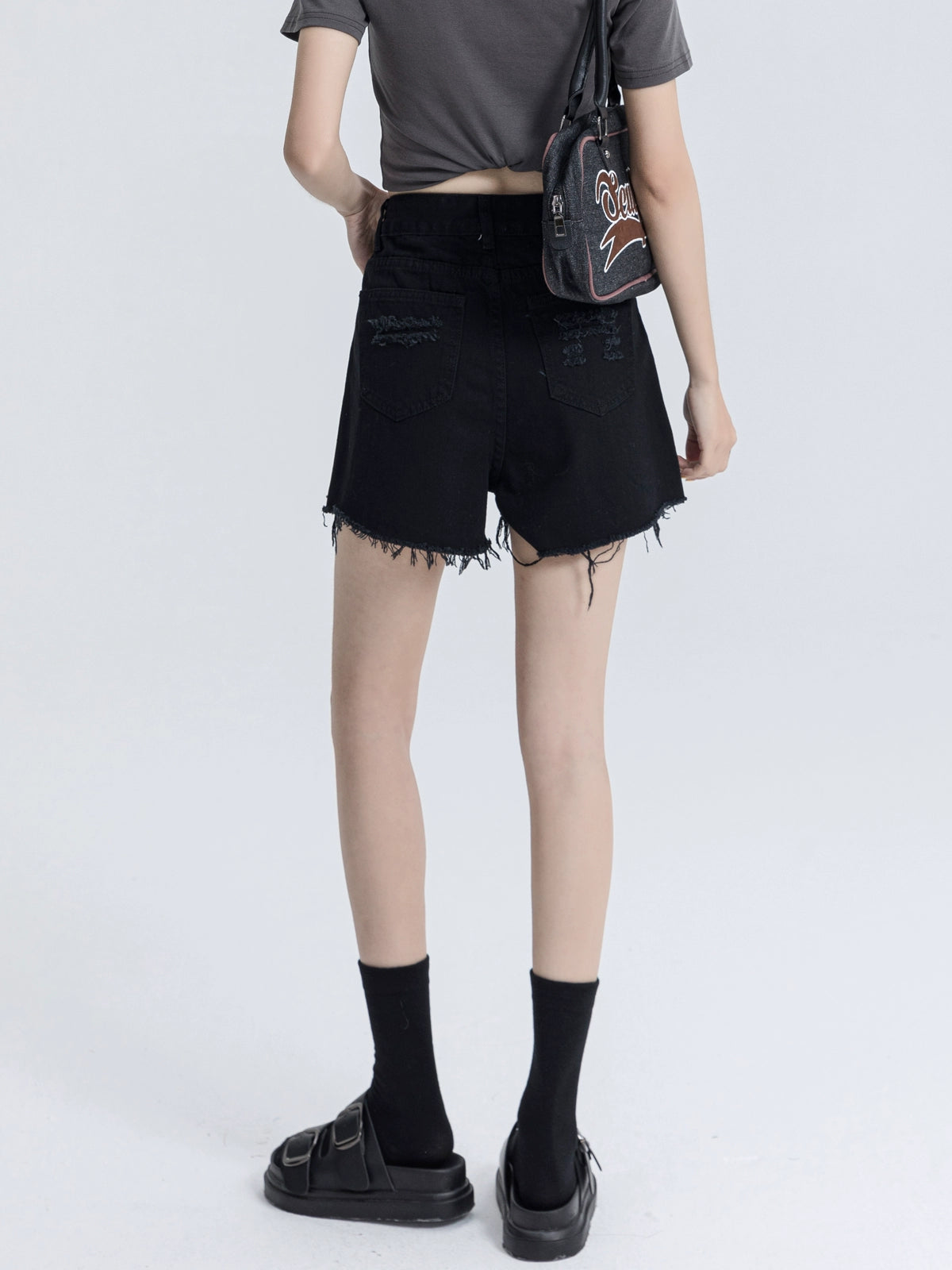 Black Denim Shorts Female Summer High Waist 2023 New Double Buckle Burr A- line Loose Slim Looking Sexy Hot Pants